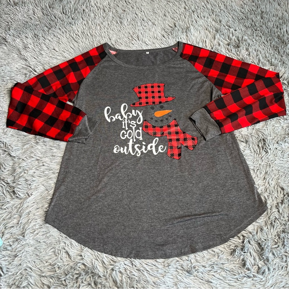 Snowman Shirt Womens Medium Plaid Baby Its Cold Outside Long Sleeve Gray Red